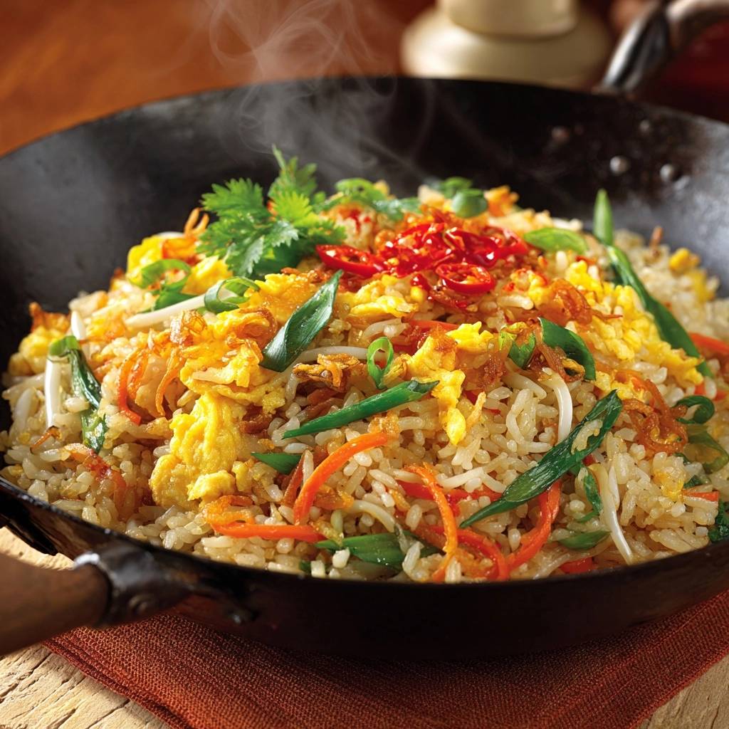 Wok-gebratener Reis mit Ei und Gemüse, dampfend heiß in einem schwarzen Wok mit frischen Kräutern garniert.