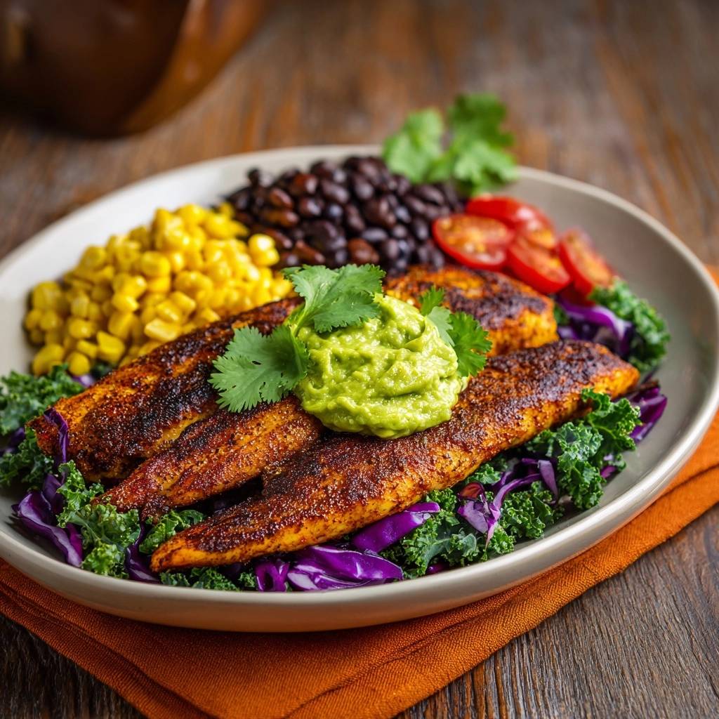 Würziger Blackened Fish mit Avocado-Topping, serviert auf knackigem Kraut mit Mais und schwarzen Bohnen.