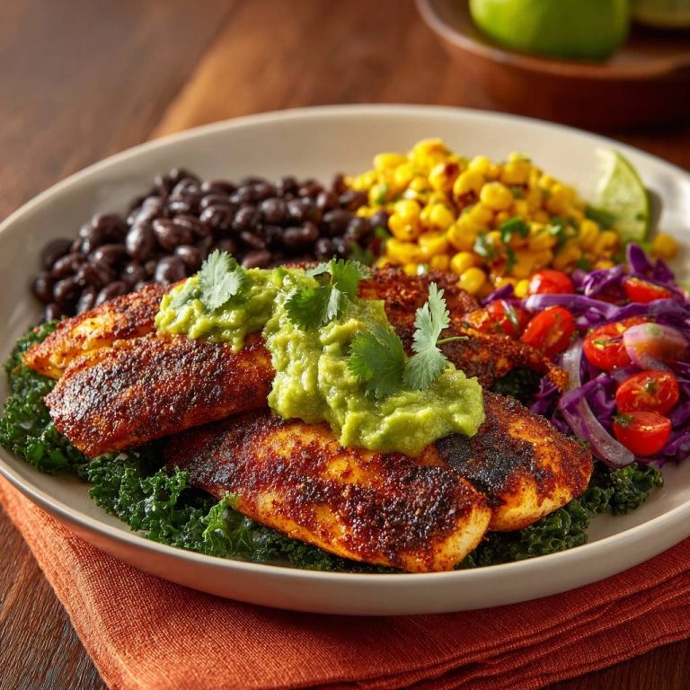 Würziger Blackened Fish mit Avocado-Topping, serviert mit Bohnen, Mais und Salat auf einem Teller.
