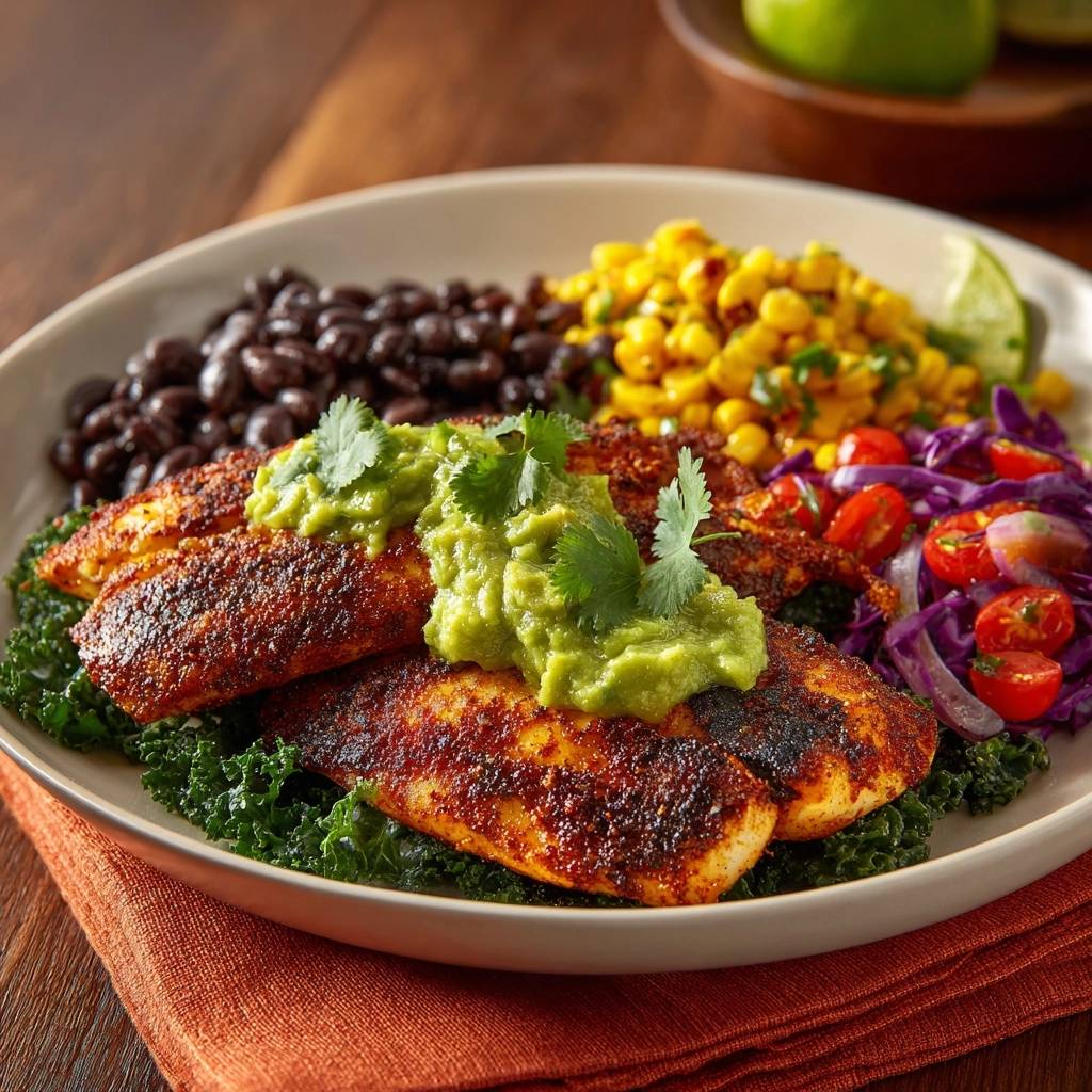 Würziger Blackened Fish mit Avocado-Topping, serviert mit Bohnen, Mais und Salat auf einem Teller.