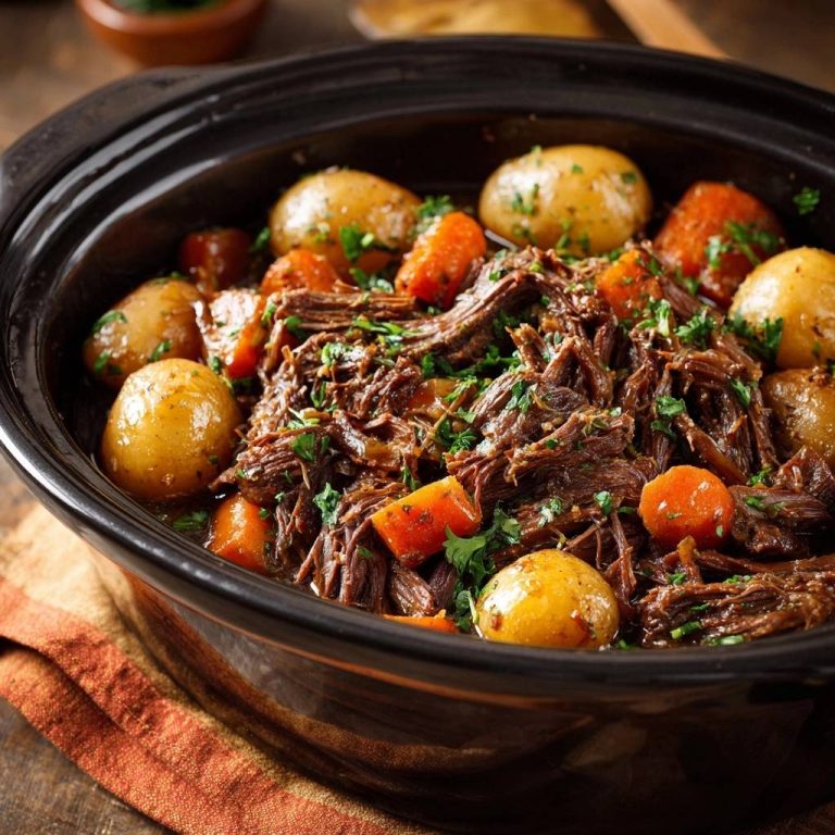 Zarter Rinderschmortopf aus dem Slow Cooker, eine Nahaufnahme des saftigen Schmorgerichts mit Kartoffeln und Karotten.