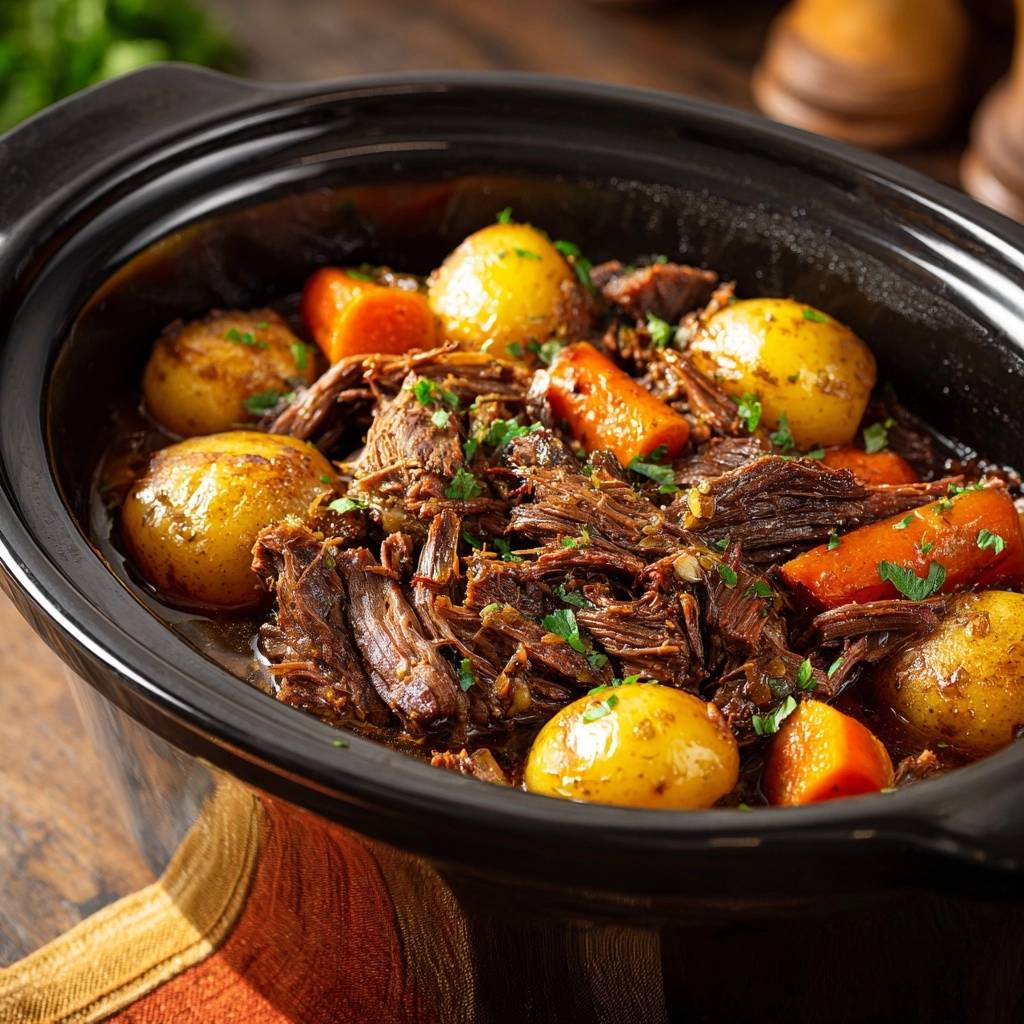 Zarter Rinderschmortopf aus dem Slow Cooker, eine Nahaufnahme mit Kartoffeln und Karotten, garniert mit Petersilie.