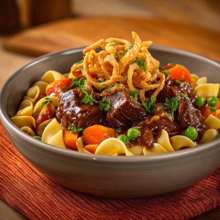 Zartes Rindergulasch mit Fusilli, serviert in einer Schüssel und garniert mit knusprigen Zwiebelringen und Petersilie.