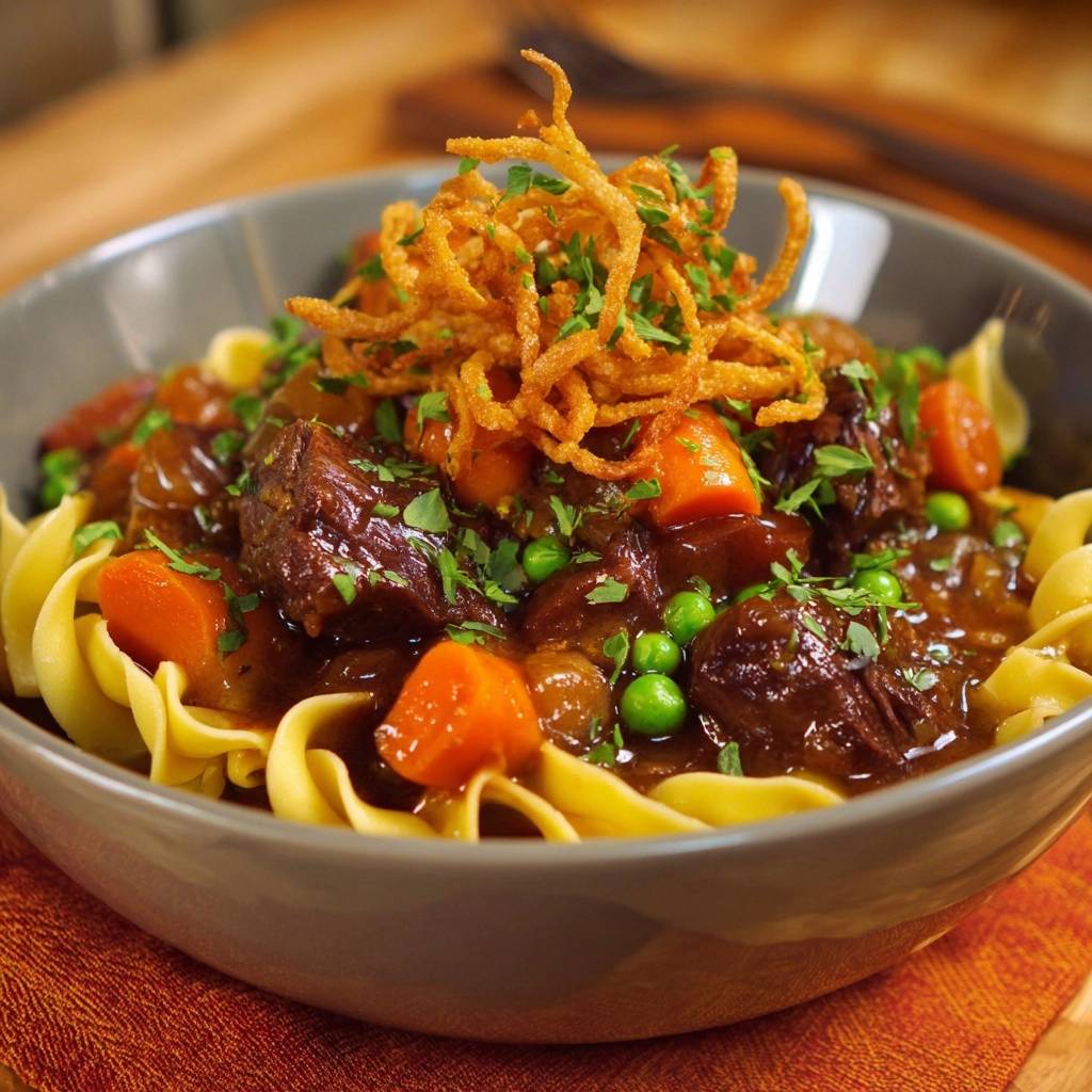 Zartes Rindergulasch mit Fusilli, serviert in einer Schüssel und garniert mit knusprigen Zwiebeln und Petersilie.