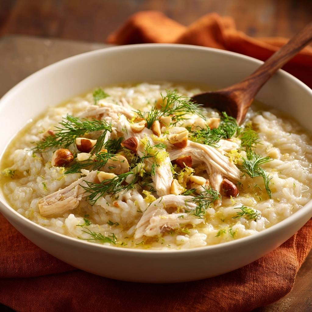 Zitronen-Hähnchen-Risotto mit gerösteten Haselnüssen und Dill, nahaufnahme der Garnitur