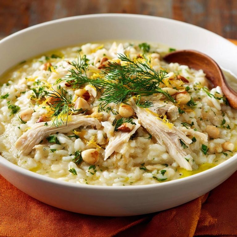 Zitronen-Hähnchen-Risotto mit gerösteten Haselnüssen, garniert mit Dill und Zitronenschale, in einer weißen Schüssel serviert