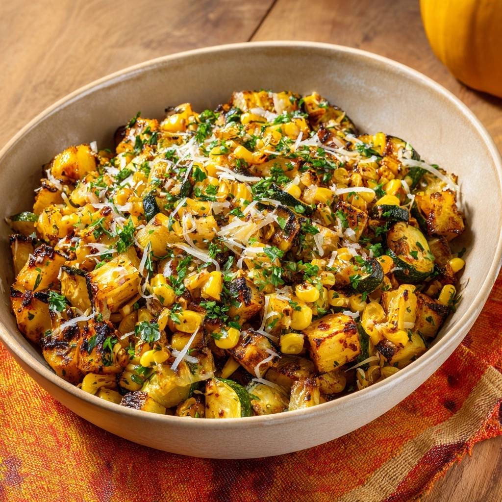 Knusprige Zucchini-Mais-Pfanne mit frischer Petersilie und geriebenem Käse garniert, detaillierte Nahaufnahme