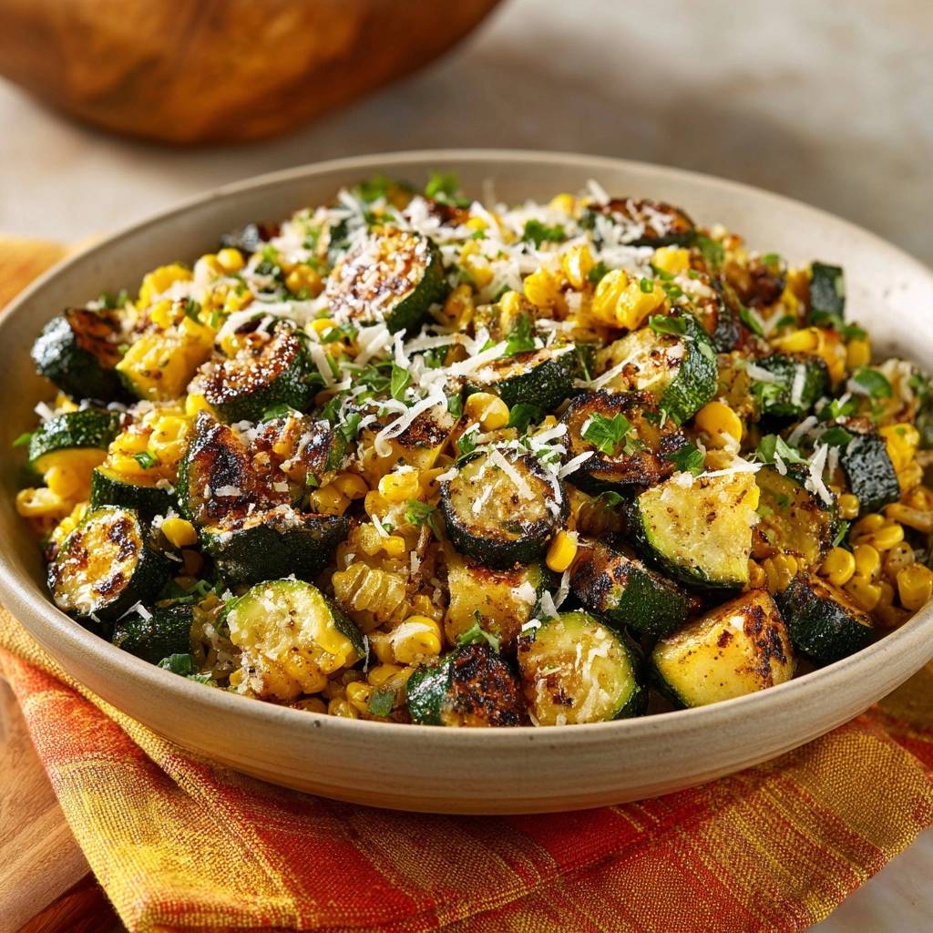 Knusprige Zucchini-Mais-Pfanne, garniert mit geriebenem Käse und Petersilie in einer Schüssel.
