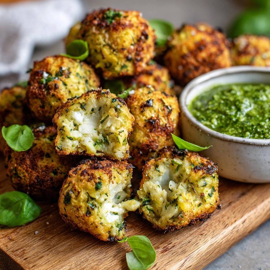 Knusprige Zucchini-Parmesan-Bällchen angeschnitten, die den zarten und käsegefüllten Kern zeigen, daneben ein Schälchen Pesto.