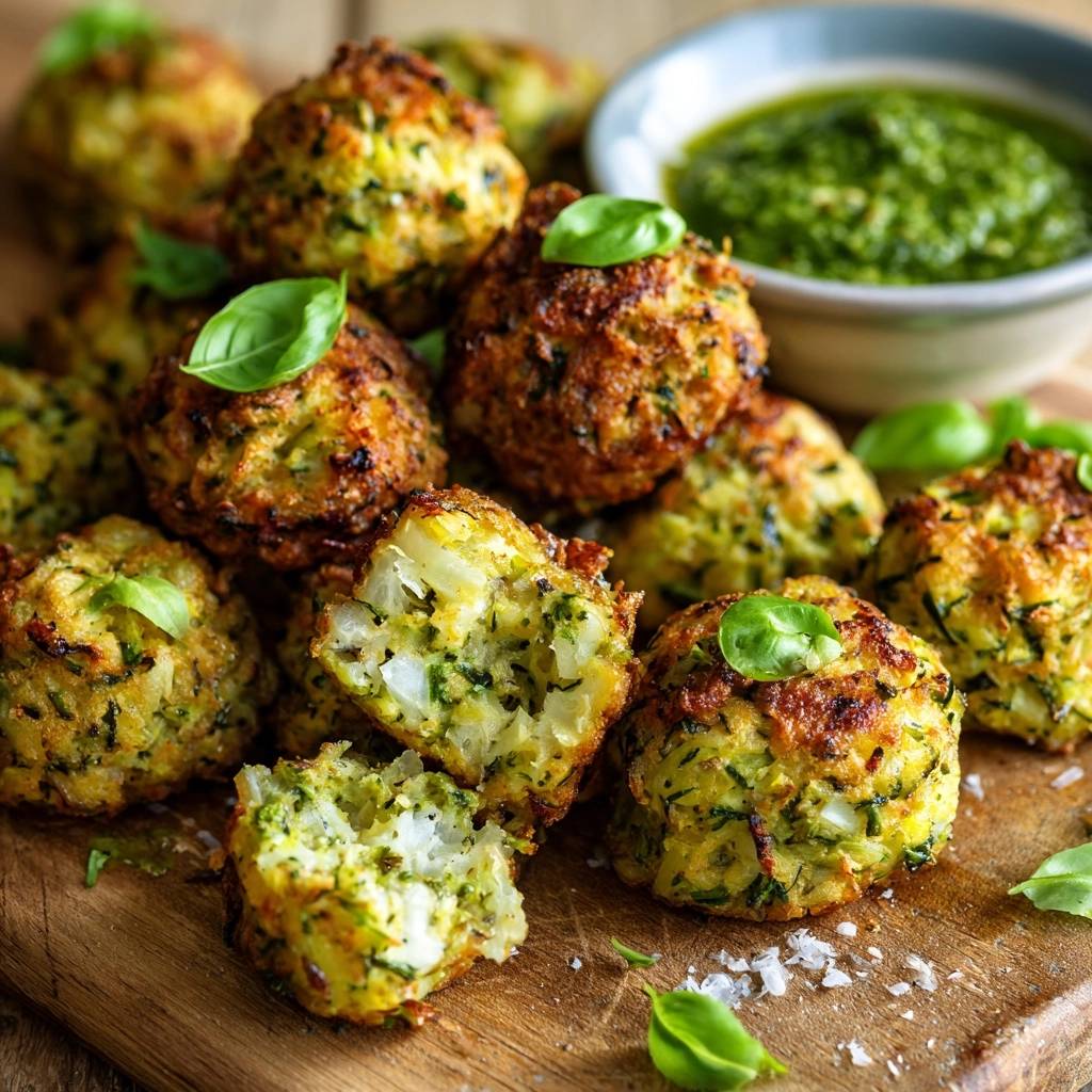 Knusprige Zucchini-Parmesan-Bällchen, eines angeschnitten, zeigt das zarte Innere mit Basilikum garniert.