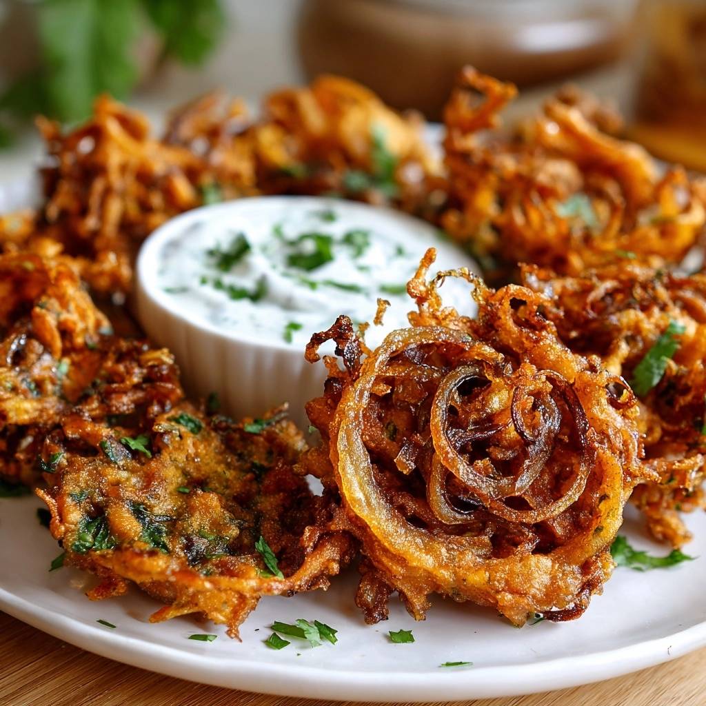 Knusprige Zwiebel-Bhajis nahaufnahme serviert mit einem cremigen Dip und garniert mit frischer Petersilie.