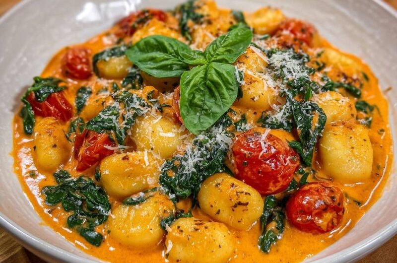 Cremige Gnocchi-Pfanne mit Tomaten und Spinat