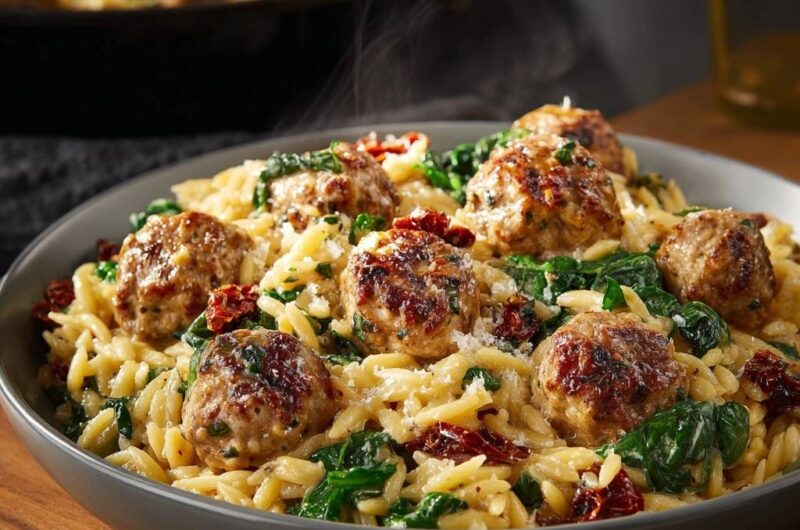Cremige Orzo-Pfanne mit Fleischbällchen