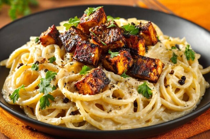 Cremige Pasta mit krossen Tofuwürfeln