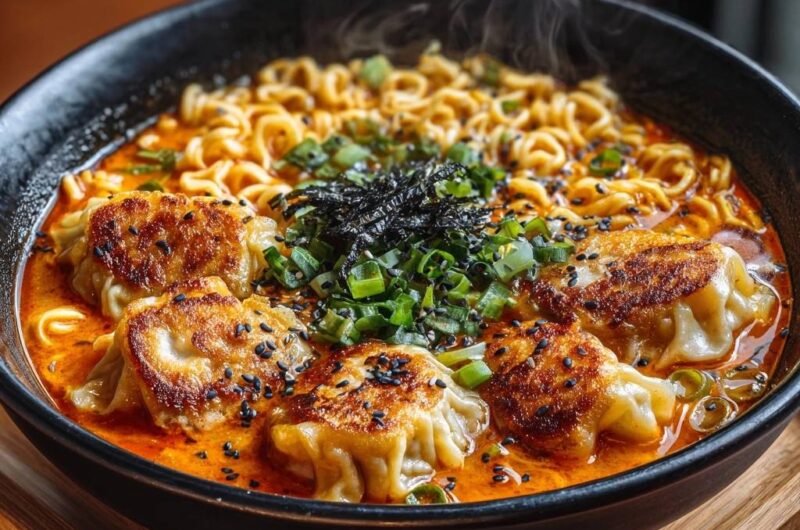 Cremige Ramen mit gebratenen Dumplings