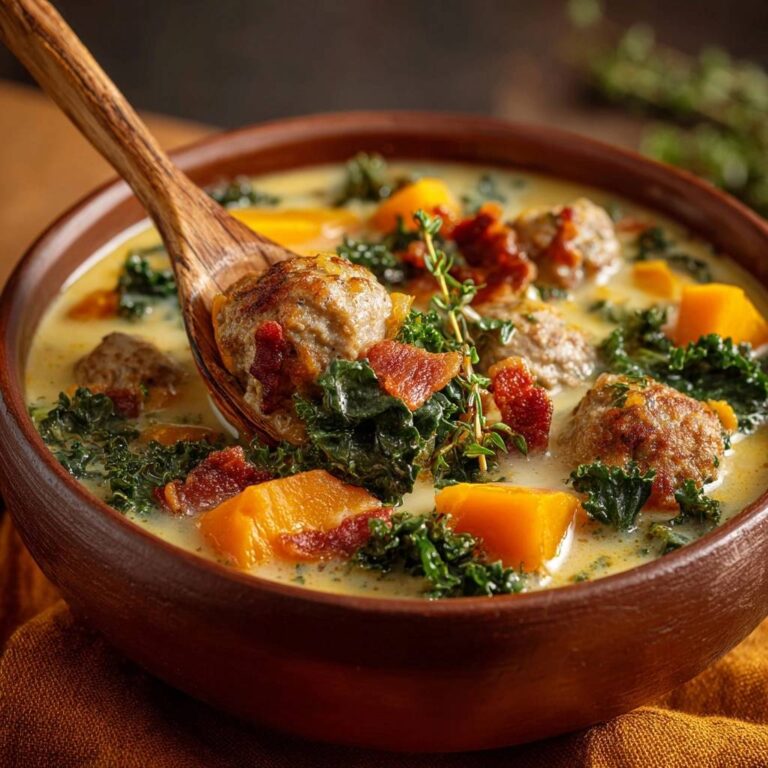 Cremiger Kürbis-Grünkohl-Topf mit Röst-Fleischbällchen