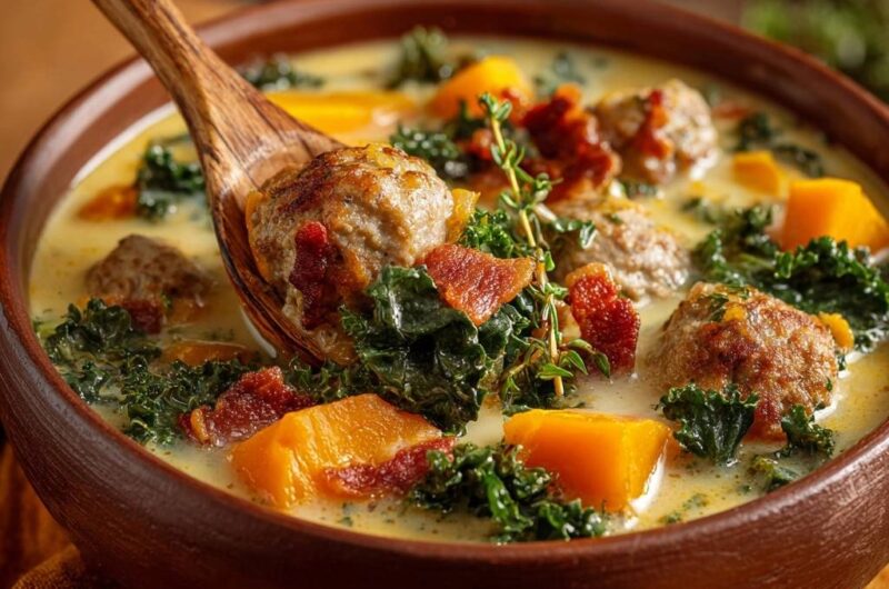 Cremiger Kürbis-Grünkohl-Topf mit Röst-Fleischbällchen