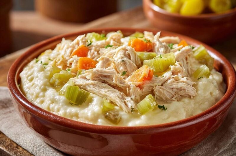 Cremiges Hühner-Frikassee auf Kartoffelstampf