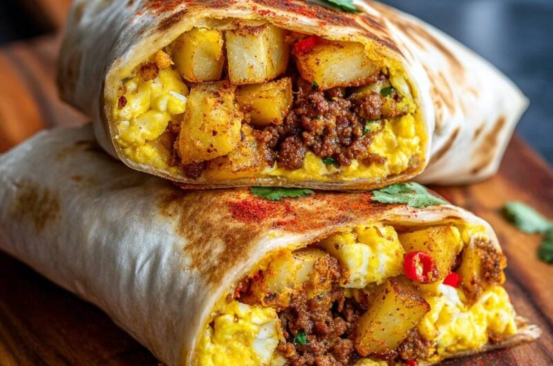 Herzhafter Frühstücks-Burrito mit Rinderhack und Röstkartoffeln