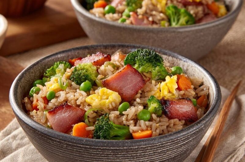 Gebratener Reis mit Speck und Brokkoli