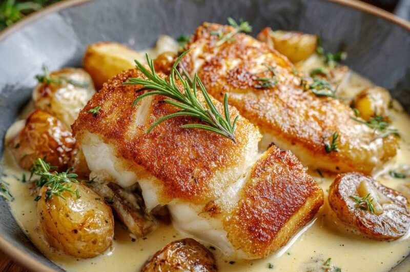 Gebratenes Kabeljaufilet auf Rahmkartoffeln