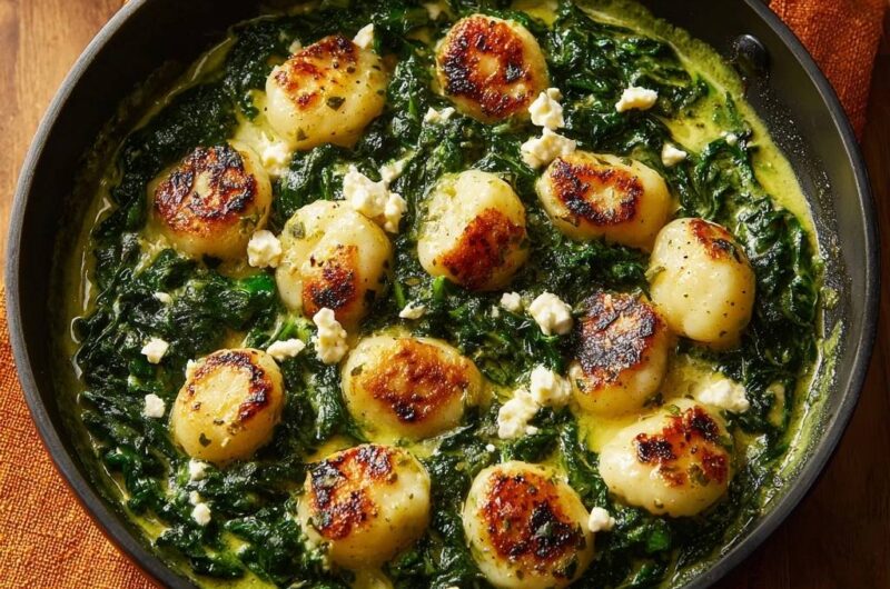 Goldbraune Gnocchi-Pfanne auf Rahmspinat