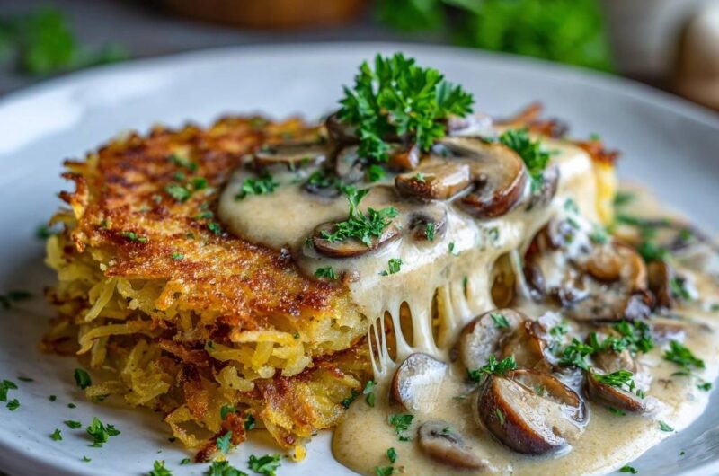 Goldbraune Kartoffel-Rösti mit cremiger Pilzsauce