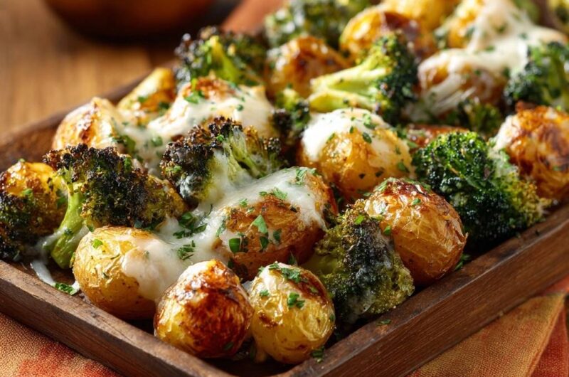 Goldbraune Röstkartoffeln mit Brokkoli und Käsehaube