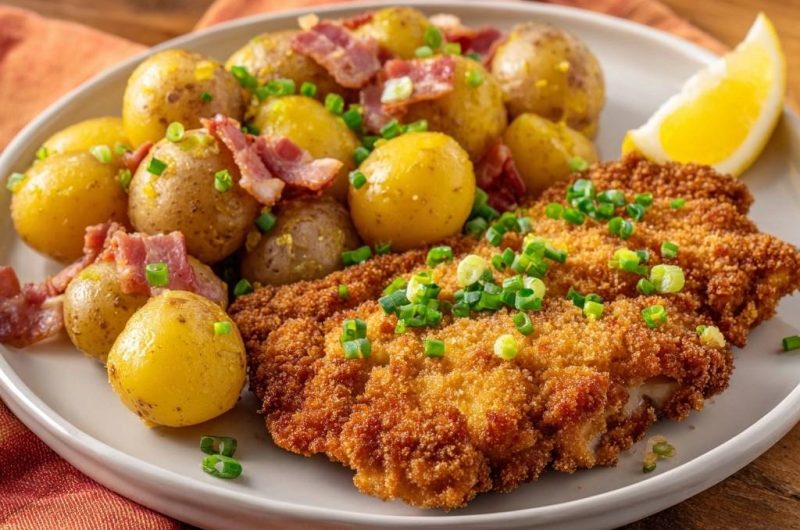 Goldbraunes Knusper-Schnitzel mit Speck-Kartoffeln
