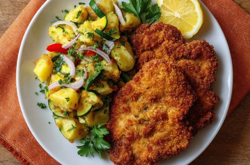 Goldbraunes Putenschnitzel mit mediterranem Kartoffelsalat
