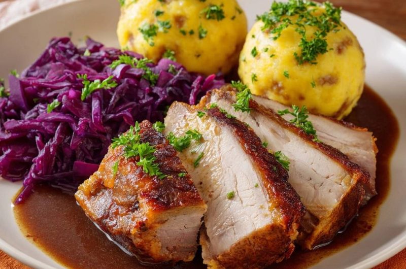 Klassischer Krustenbraten vom Schwein mit Rotkohl und Semmelknödeln