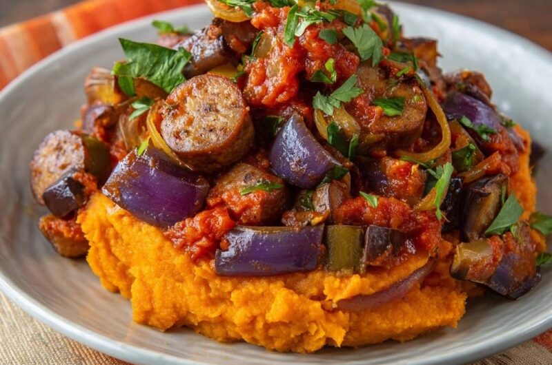 Mediterrane Auberginen-Pfanne mit Wurst auf Süßkartoffelpüree