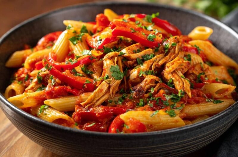 Mediterrane Penne mit Zupfhähnchen