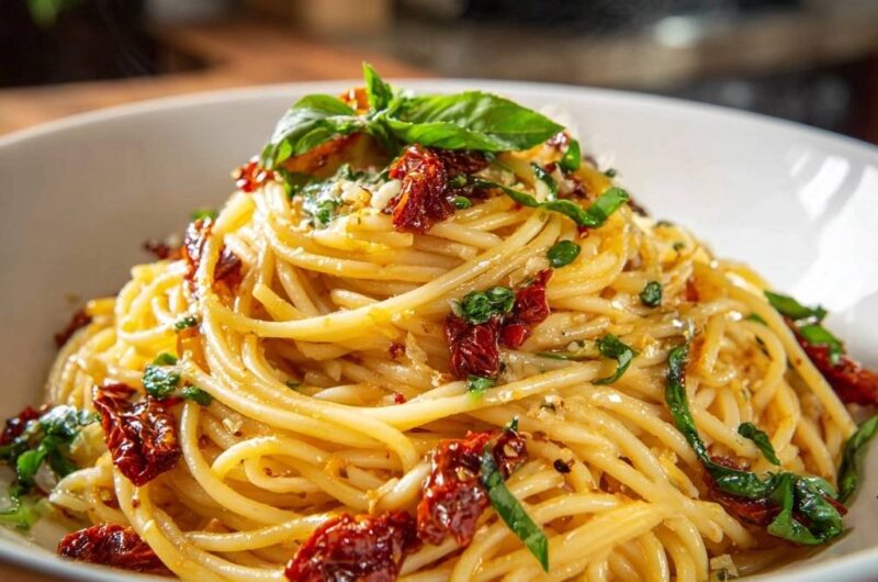 Mediterrane Spaghetti mit getrockneten Tomaten
