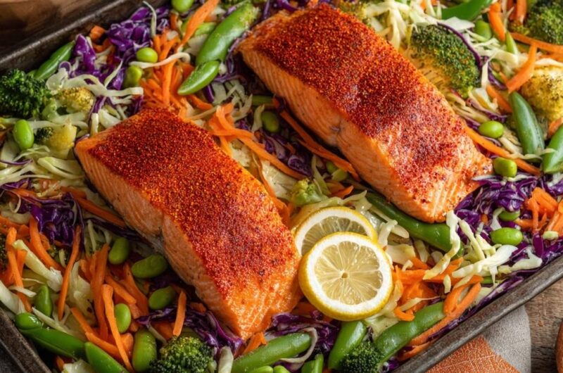 Würziger Ofenlachs mit Regenbogen-Gemüse