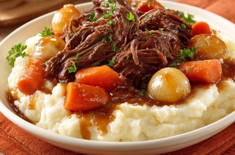 Zarter Rinderschmortopf auf Kartoffelstampf