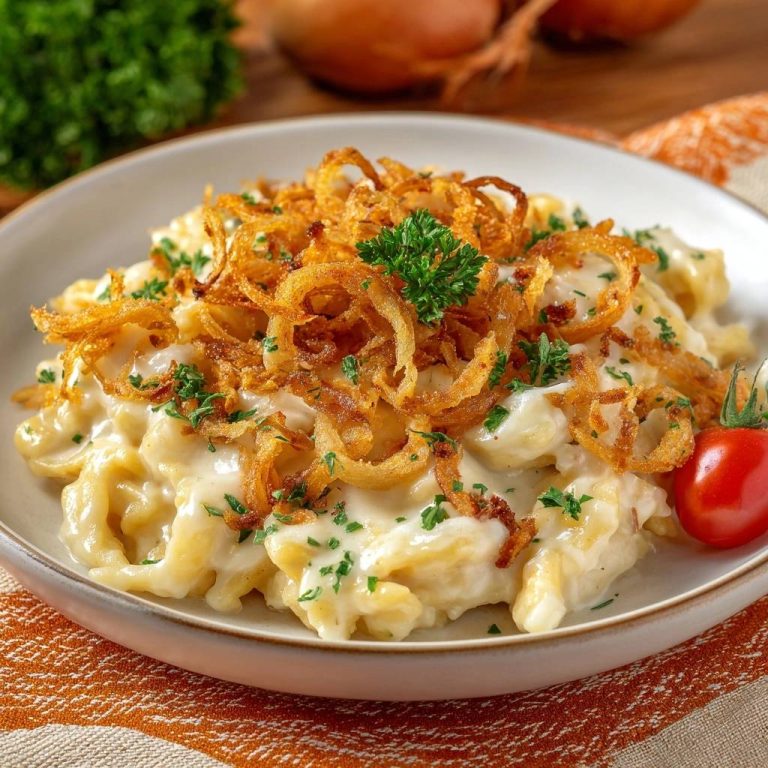 Cremige Allgäuer Käsespätzle, garniert mit knusprigen Röstzwiebeln und frischer Petersilie auf einem Teller.