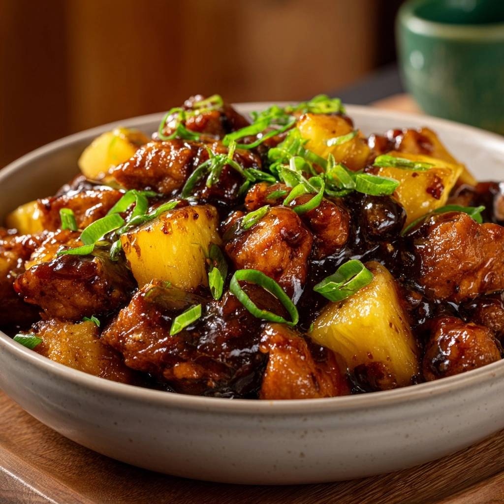 Knuspriges Ananas-Hähnchen mit einer Nahaufnahme der glänzenden Sauce und frischer Frühlingszwiebel-Garnitur.