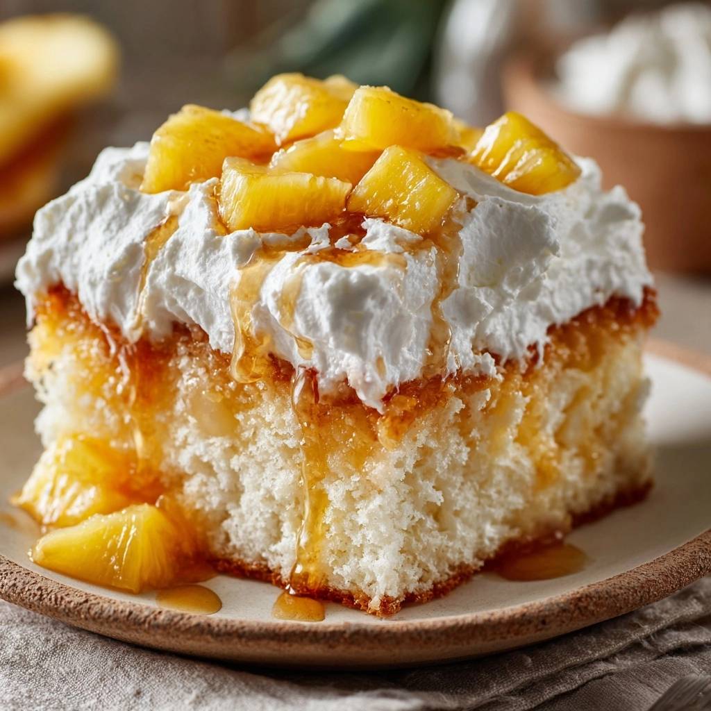 Saftiger Ananas-Sahne-Kuchen mit einem angeschnittenen Stück, das die saftige Textur und Sahnehaube zeigt.