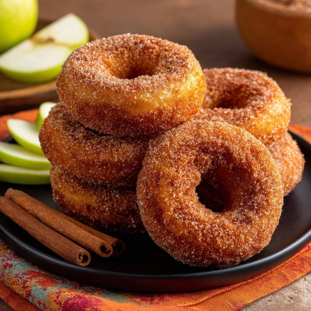 Saftige Apfel-Zimt-Donuts, nahaufnahme der zucker-zimt-kruste und des fluffigen gebäcks auf einem schwarzen teller.