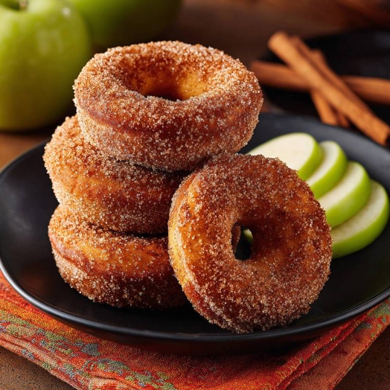 Saftige Apfel-Zimt-Donuts gestapelt auf einem schwarzen Teller mit frischen Apfelscheiben und Zimtstangen im Hintergrund.