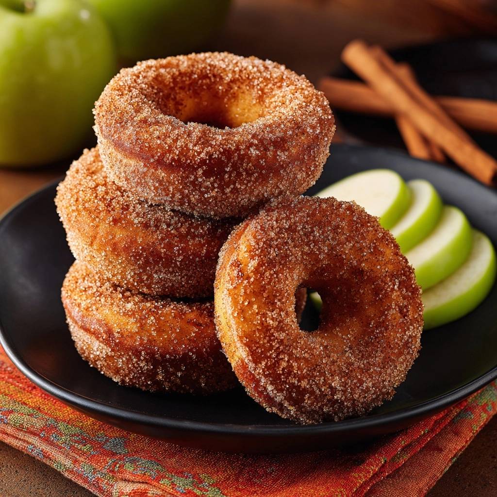 Saftige Apfel-Zimt-Donuts gestapelt auf einem schwarzen Teller mit frischen Apfelscheiben und Zimtstangen im Hintergrund.
