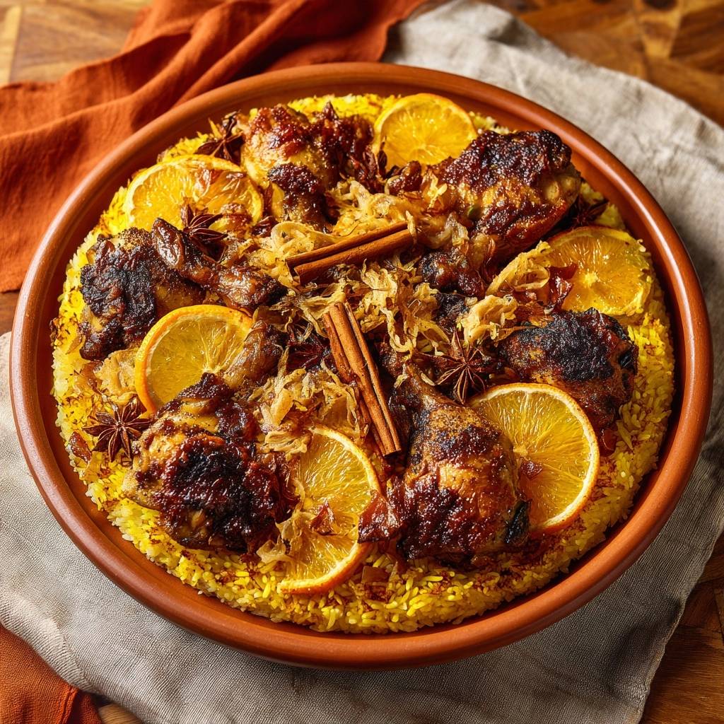 Aromatisches Orangen-Gewürz-Hähnchen auf Safranreis, garniert mit Orangenscheiben und Zimtstangen, aus der Vogelperspektive.