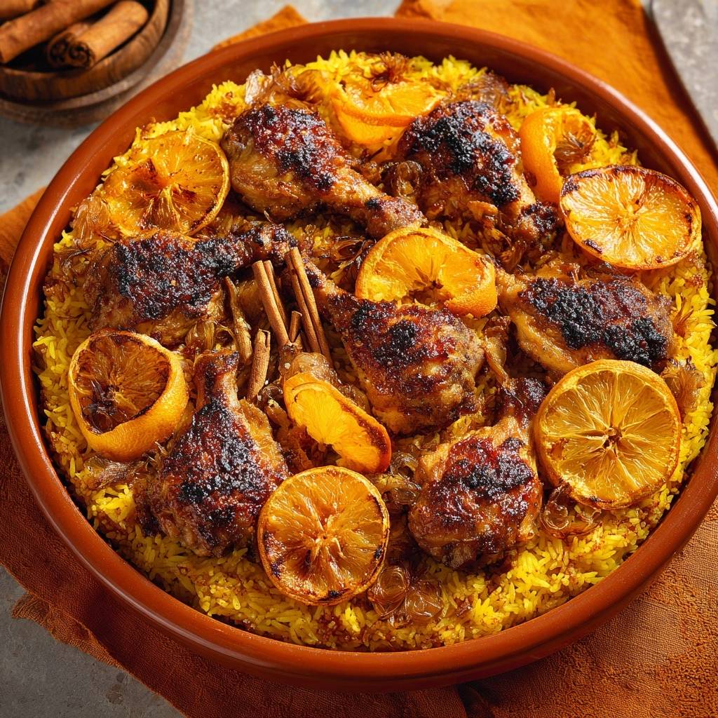 Aromatisches Orangen-Gewürz-Hähnchen auf Safranreis, serviert im braunen Auflauf von oben mit Garnitur aus kandierten Orangenscheiben und Zimtstangen.