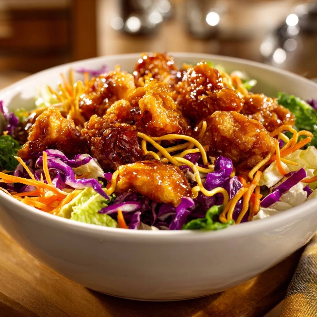 Knusprige Asia-Hähnchen-Bowl mit glasierten Hähnchenstücken und knackigem Gemüse in Nahaufnahme