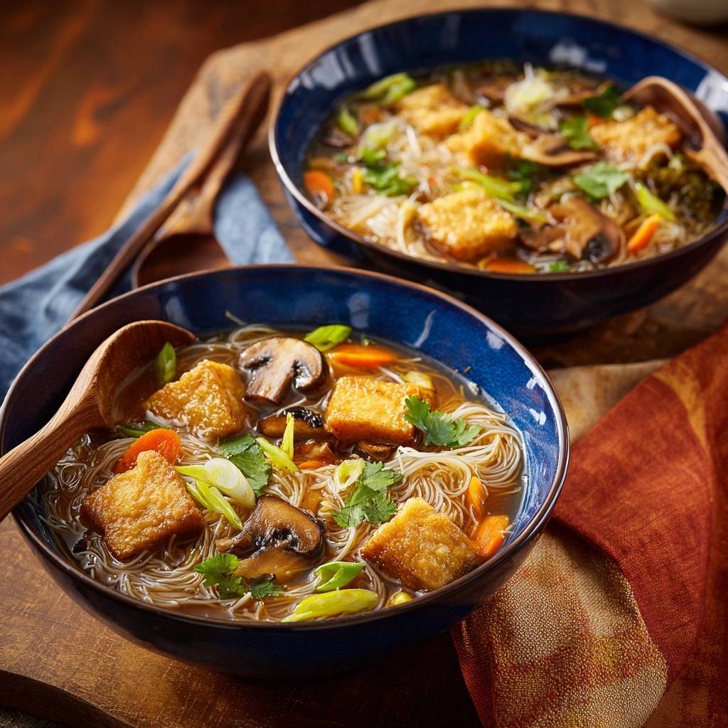 Asiatische Glasnudelsuppe mit Tofu, detailnah im blauen Teller mit knusprigen Tofustücken und Pilzen.