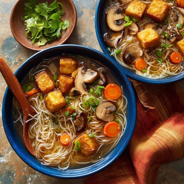 Asiatische Glasnudelsuppe mit Tofu, nahaufnahme der herzhaften Zutaten und goldbraunen Tofuwürfeln in der Brühe.