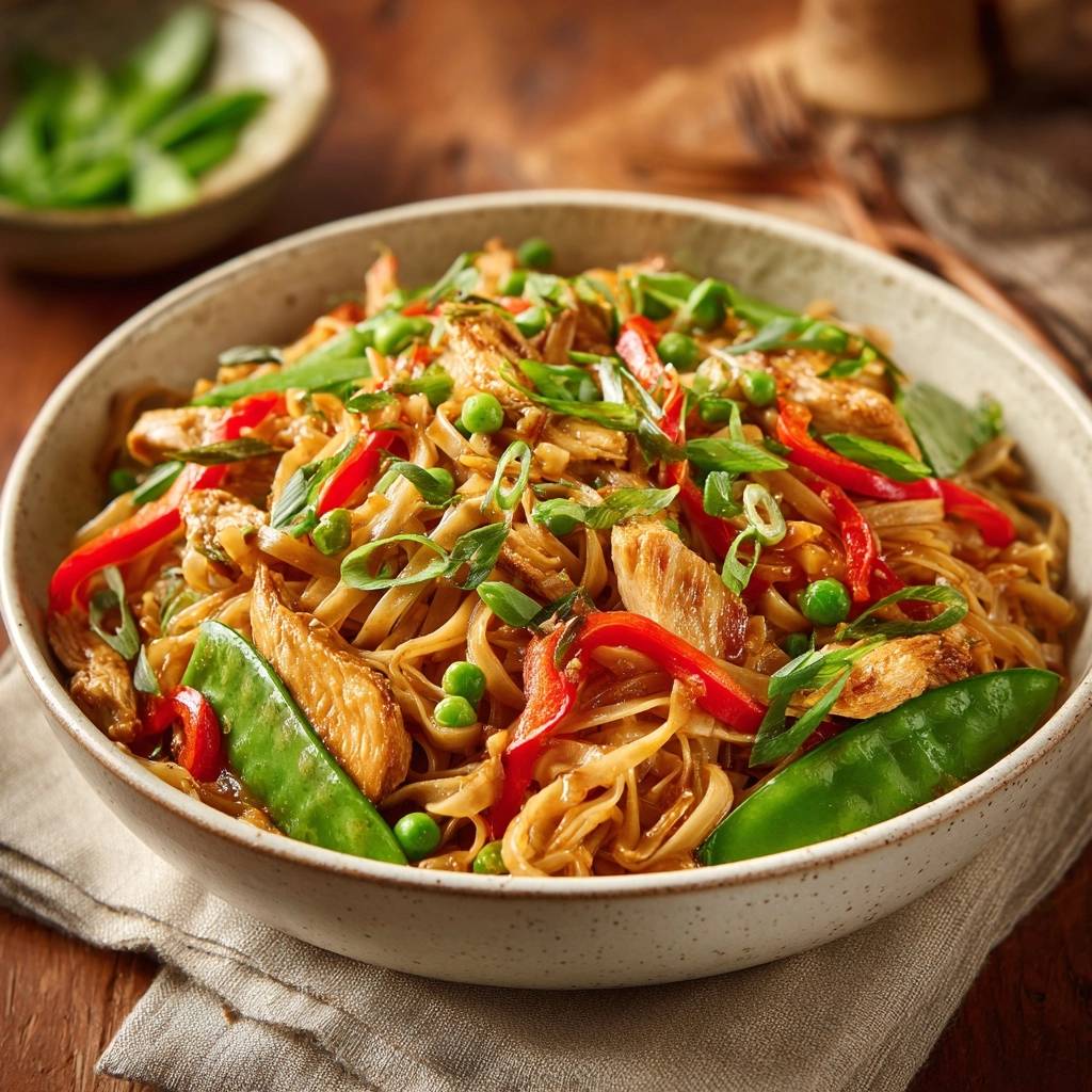 Asiatische Hähnchen-Nudelpfanne in einer Schüssel mit viel Gemüse, Nahaufnahme der servierten Portion.
