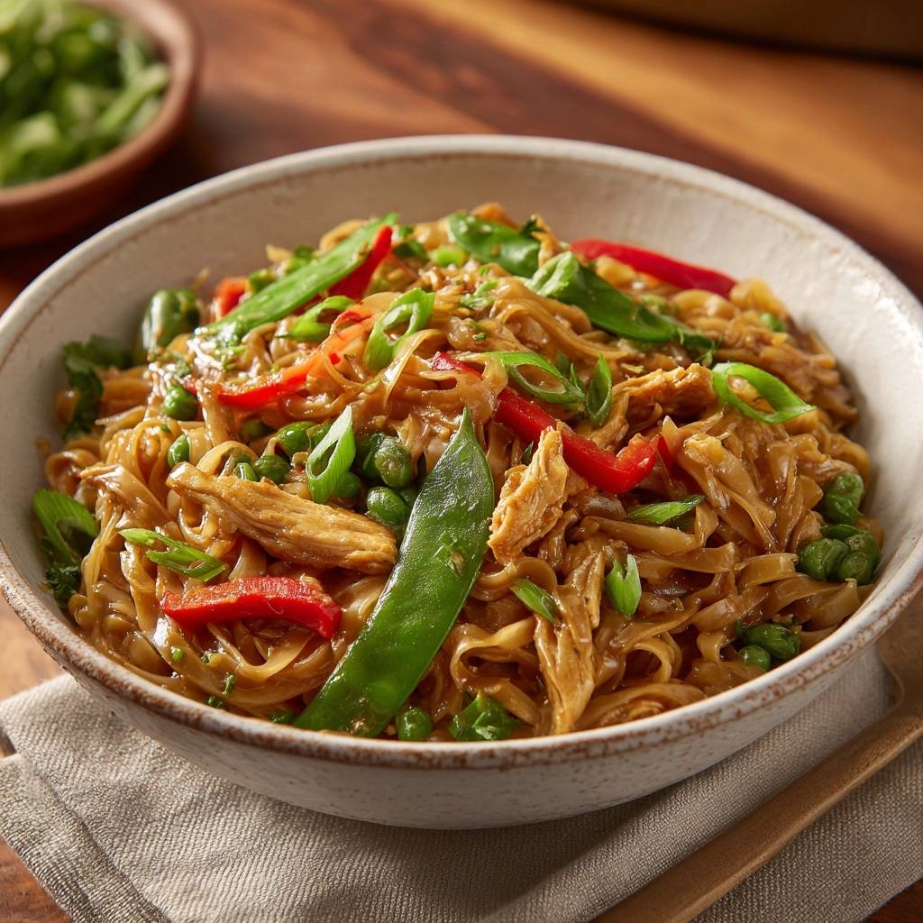 Asiatische Hähnchen-Nudelpfanne mit Erbsen und Paprika, nah aufgenommen in einer Schüssel auf einem Tuch.