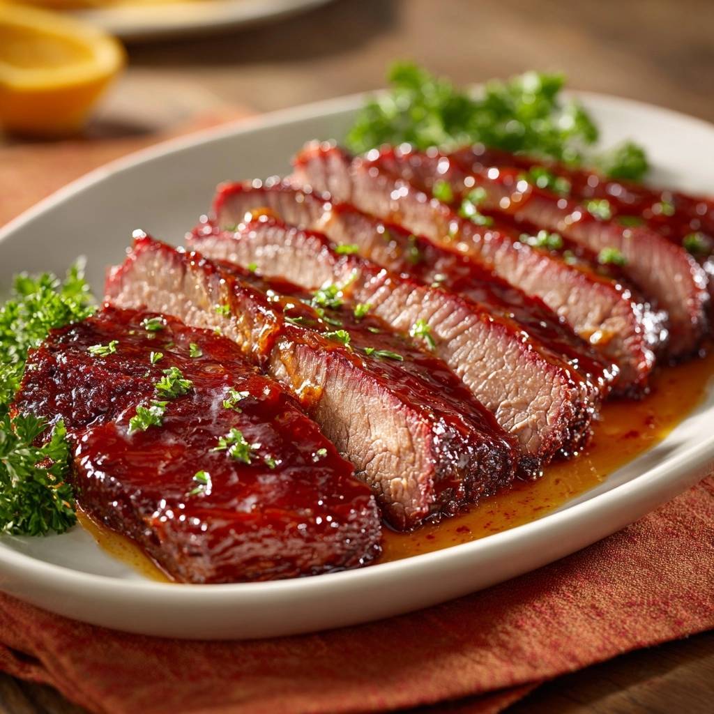 Saftiges BBQ-Rinderbrust-Filet angeschnitten mit glänzender Glasur und frischer Petersilie garniert.